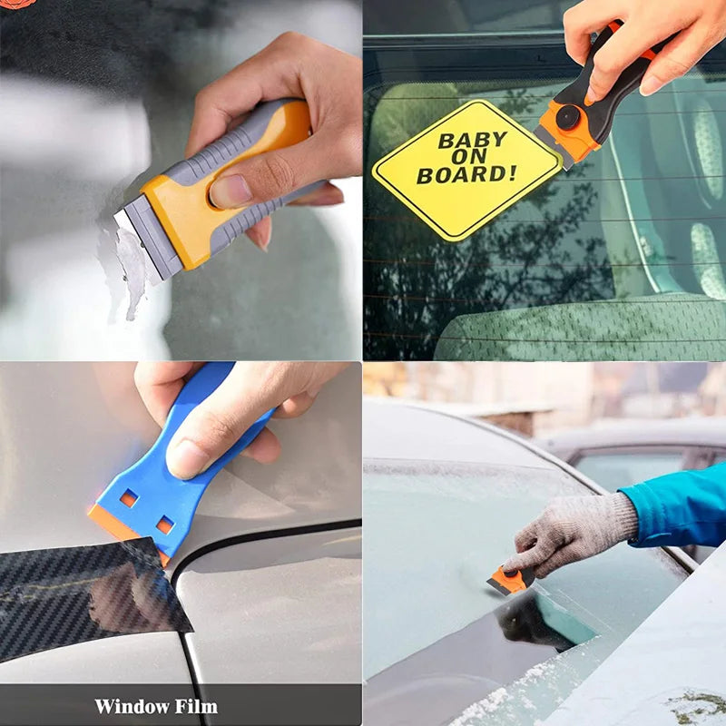 13Pcs/set Car Window Glass Scraper Sticker Remover Double Edged Razor Blade Scraper Tool Tint Vinyl Wrap Glue Squeegee Remover