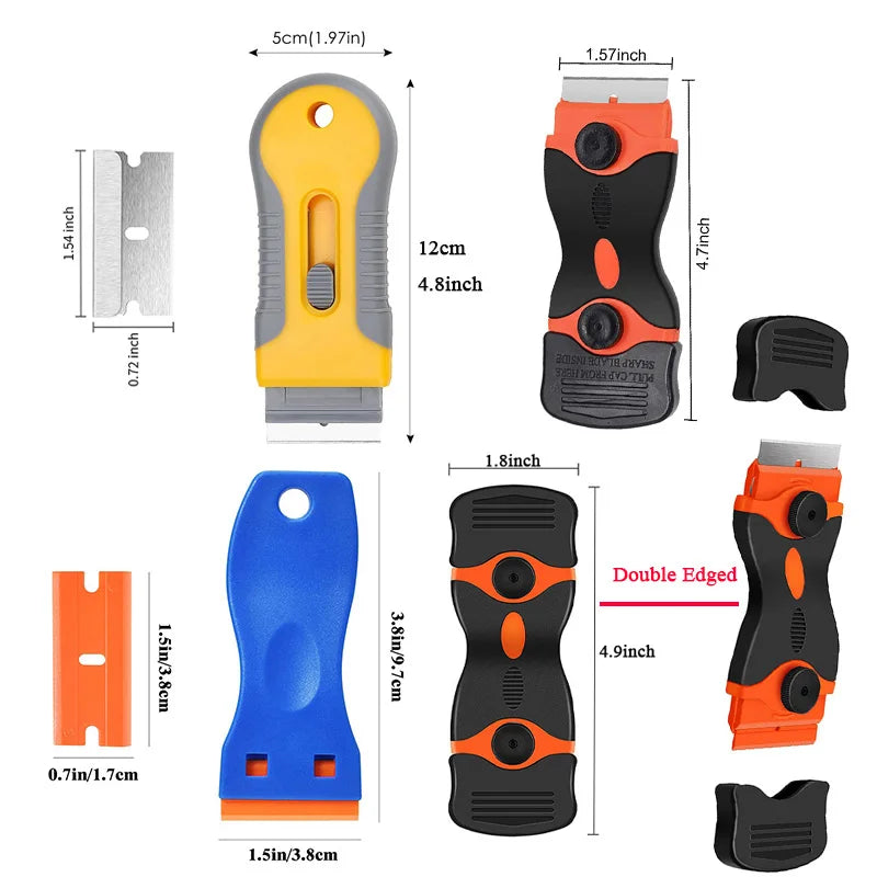 13Pcs/set Car Window Glass Scraper Sticker Remover Double Edged Razor Blade Scraper Tool Tint Vinyl Wrap Glue Squeegee Remover